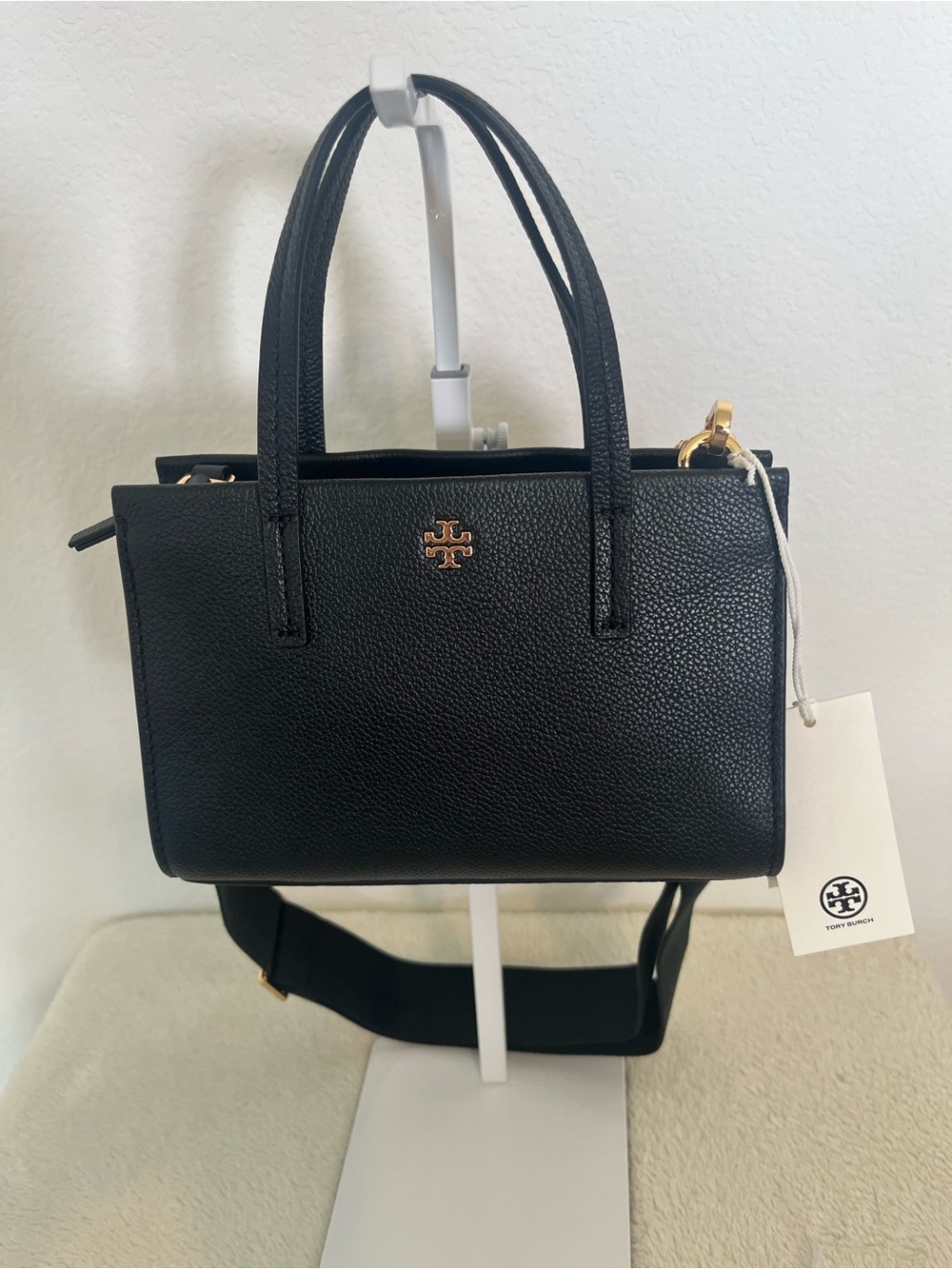 Tory Burch Black Pebbled Leather Mini Satchel with Gold Logo include paper bag